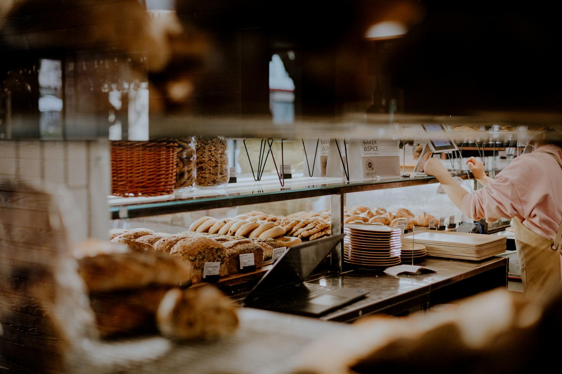 Bakery counter with bread and pastries